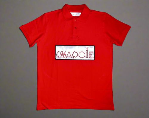 Red polo shirt with white patch, black outlining, and red logo.