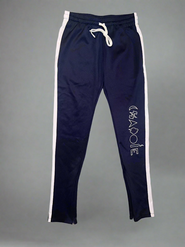 Blue joggers with white stripe.