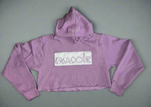 Load image into Gallery viewer, Purple and white woman&#39;s crop top hoodie.